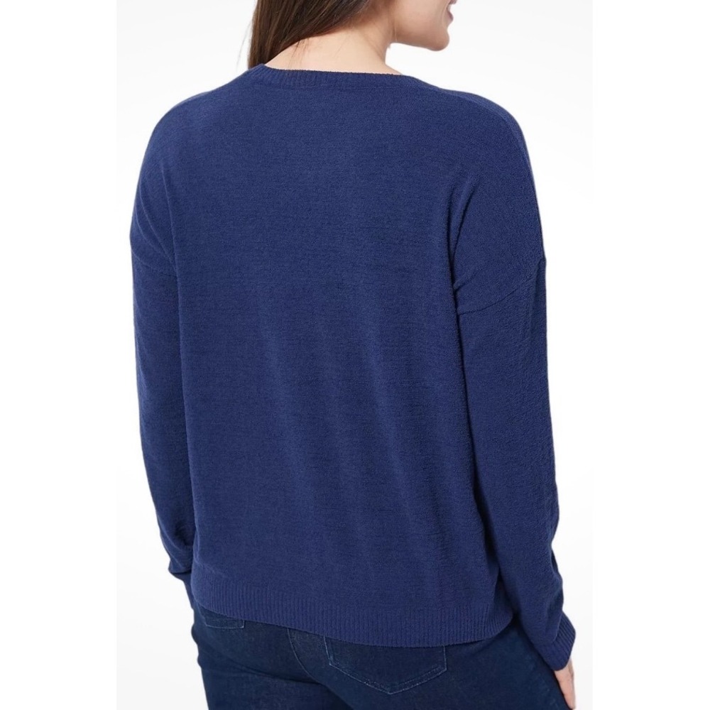 Laurie Felt Navy Blue "Joy" Script Knit Sweater Women's Medium Cozy
